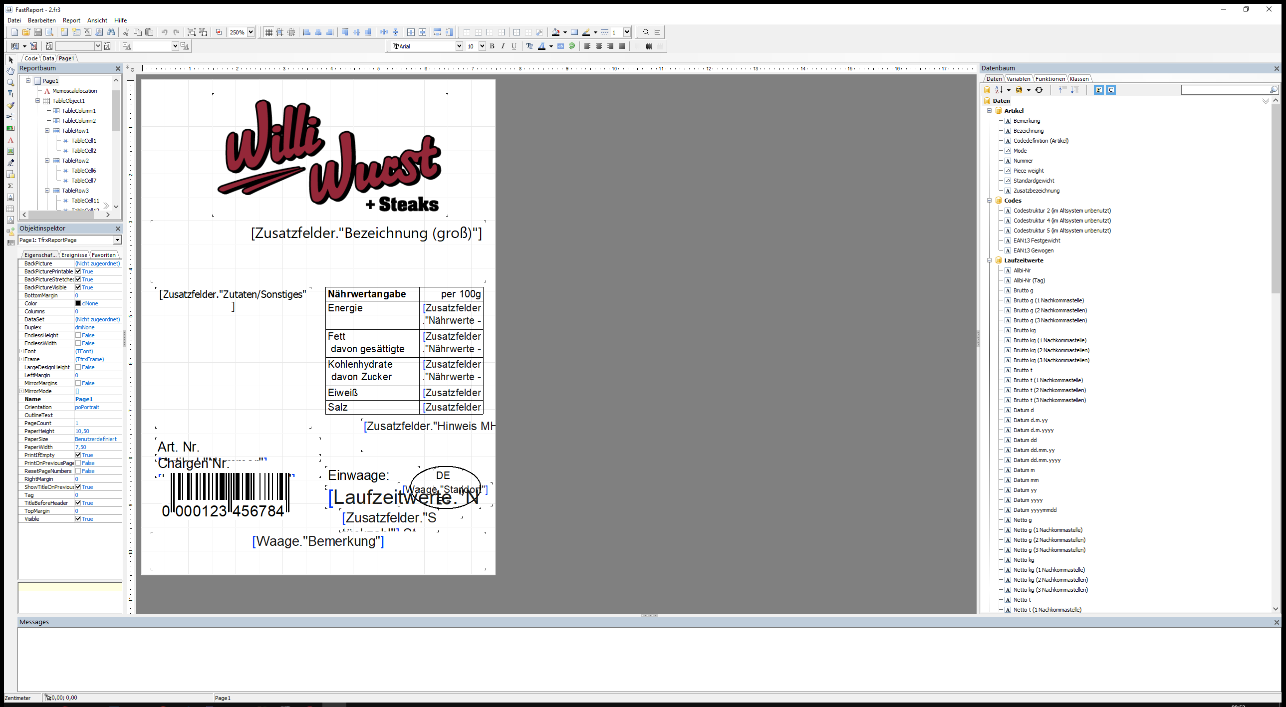 Layout-Designer mit Datenbaum und Etikettenvorschau